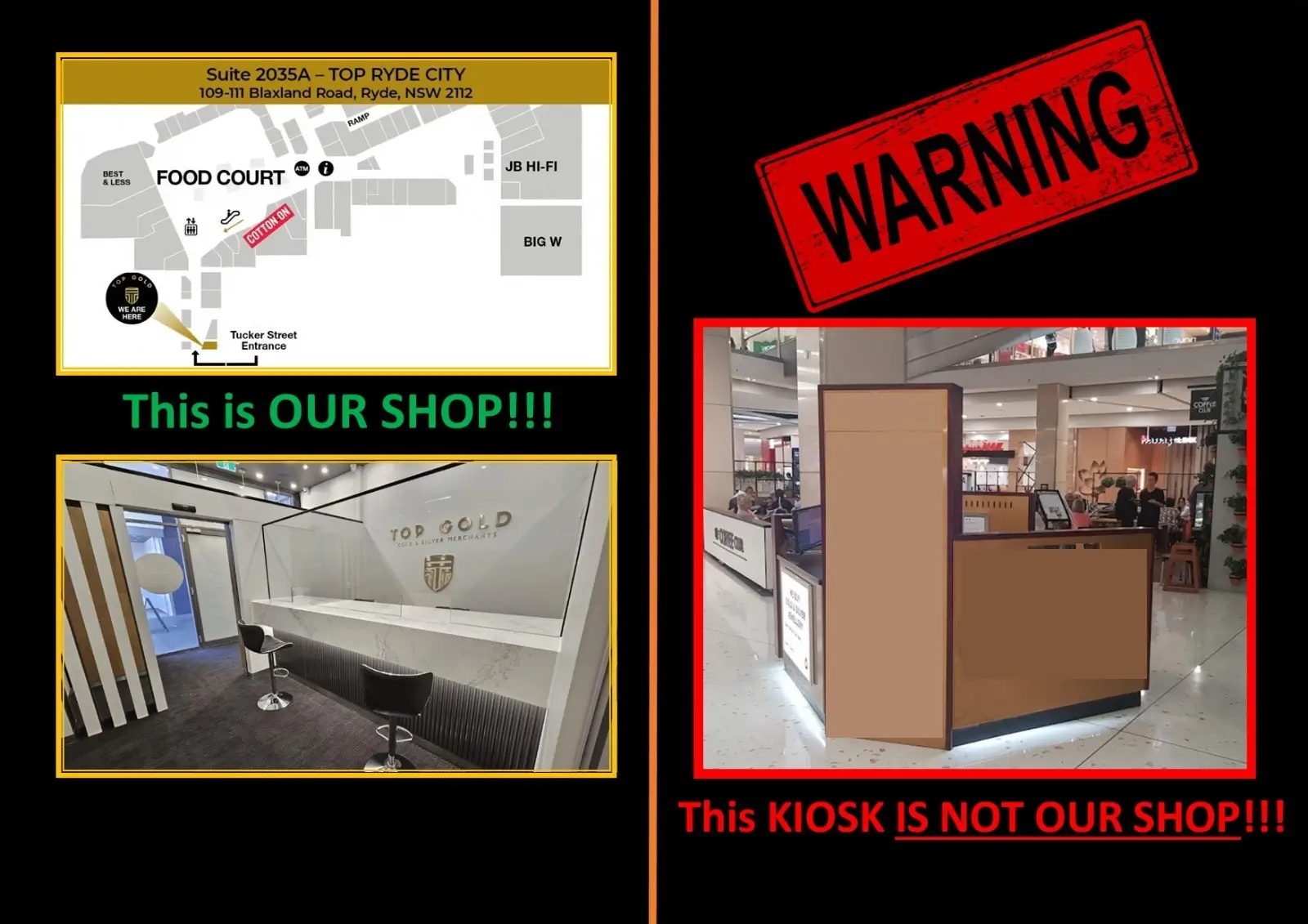Comparison showing the real Top Gold storefront near the food court versus a look-alike kiosk that is not affiliated with Top Gold
