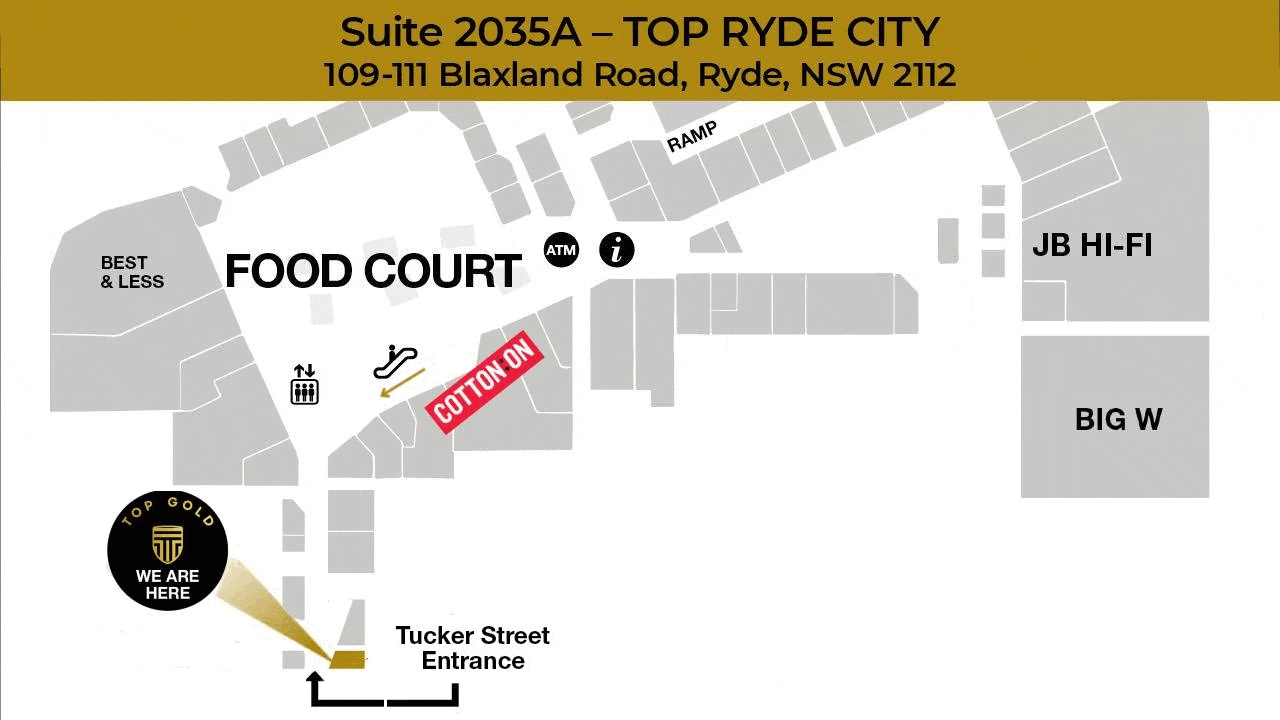 Animated directions showing the walk from Tucker Street entrance to the Top Gold Ryde showroom